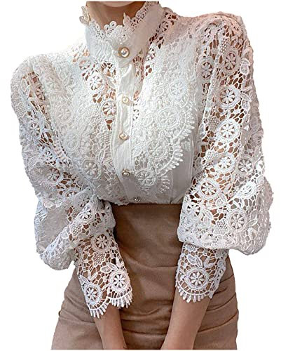 Femme Chemisier Dentelle Chic Chemise Victorien à Manche Longue Bouffante Ballon Sexy Chemisier Gothique Lolita Lace Ajouré Top Blouse Renaissance Elégant Ample Vintage