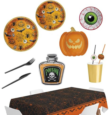 OH YEAH - Decoración Halloween Clásica Mesa - Pack 12 Personas - Temática Calabaza Infantil y Adulto - Accesorios Fiesta - Platos + Vasos + Servilletas - Fácil Montaje