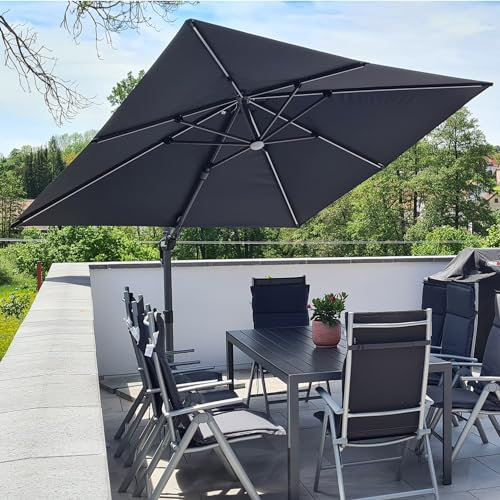 PURPLE LEAF Parasol Déporté Pivotant 3 x 3 m Carré avec Lumière, Parasol de Jardin Extérieur Tournez à 60° des Deux Côtés avec 5 Inclinaisons Réglables et Rotation à 360°, Toile UPF 50+, Gris Clair