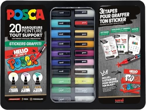 POSCA - Mitsubishi Pencil - Mallette Métal Sticker Graffiti - 20 Marqueurs Peinture Acrylique - 3 Tutos - 3 Stickers pour Graffer ton Blaze - Pointes PC-1MC PC-3M PC-5M - Tout Support