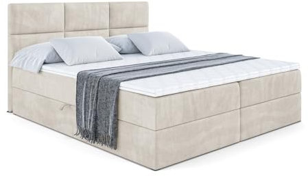 ALTDECOR Boxspringbett mit Matratze und Lattenrost, Boxbett, Topper, Polsterbett mit Bettkasten, Bett mit Stauraum H3-Matratze, Doppelbett, Springboxbett Ohio - 160x200 Beige Samt
