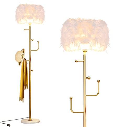 Jliads Feather Floor Lamp Standing Lamp with Coat Rack for Living Room,Modern Metal Hall Coat Tree with 5 Hooks,Pole Lamp Reading Floor Lamp for Bedroom and Living Room