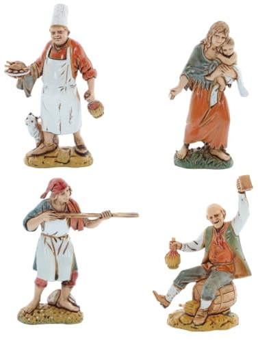 Moranduzzo Set 4 Neapolitanische Hirten Durchschnittshöhe 9 cm für Krippe Maßstab 1:20 – Standard 10 – Unzerbrechliche Figuren, Stil '700, Handbemalt, Bildhauer M. Landi