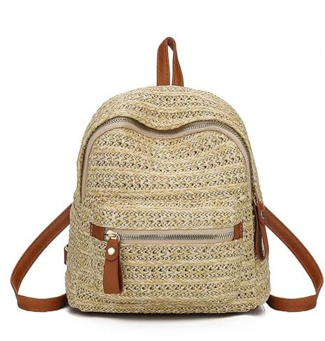 VKEID Stroh Rucksack Frauen Mode Stroh Schulter Tasche Frauen Leinen Weben Reise Rucksack Urlaub Strand Rucksäcke(Khaki)