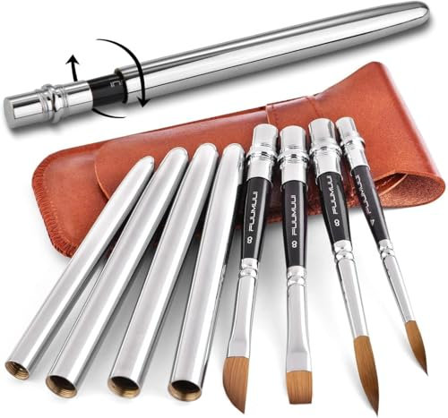 Pinceaux Aquarelle de Voyage Professionnel - 4 Pinceaux d'artiste en Poils Naturels avec étui en Cuir pour Aquarelle | Écoulement régulier et Excellente Absorption | Pinceau Poil Martre