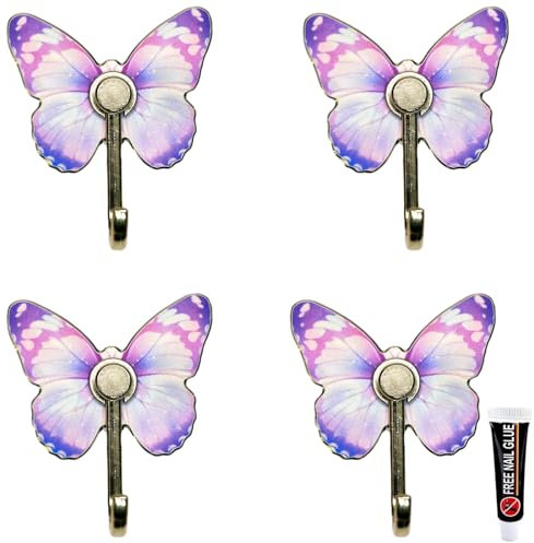Appendi Abiti 4 Pezzi Gancio In Lega Di Alluminio Gancio A Farfalla Colorato Forte Appendiabiti Autoadesivo Da Parete Adatto Per Bagno Cucina Asciugamano Camera Da Letto Gancio Per Porta(Viola 55mm)