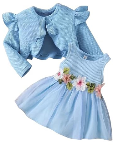 JiAmy Baby Girls Dress and Cardigan 2PCS Fall Outfits Sleeveless Floral Dresses Ruffle Sleeve Waffle Coat Clothes Set for Toddler Girl 3-6 Months Blue