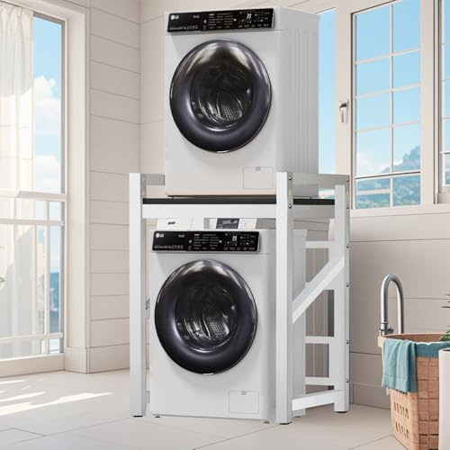 MOZMY Waschmaschine Regal, Waschmaschine Trockner Schrank, Verstellbares Stapel-Set über Waschmaschinen, Tragfähigkeit 380 kg, für Badezimmer Küche Waschküche (Weiß)