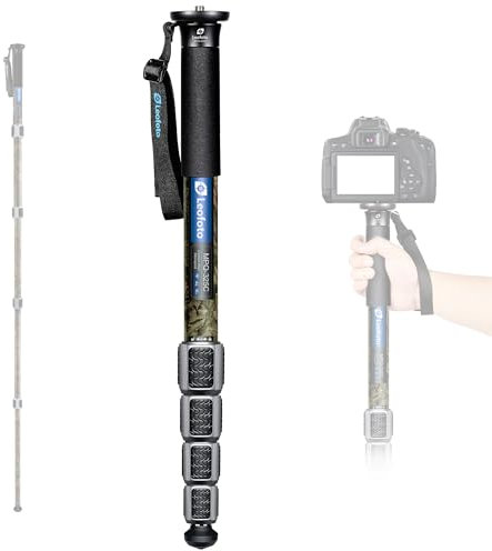 LEOFOTO Carbon Fiber Portable 0.5kg Lightweight Camera Monopod, 3/8 & 1/4 Conversion Screw, with Wrist Strap, Twist Locks, 5 Section up to 165cm, Folded 47.3cm, Maxload 15kg (MPQ-325C Camo)
