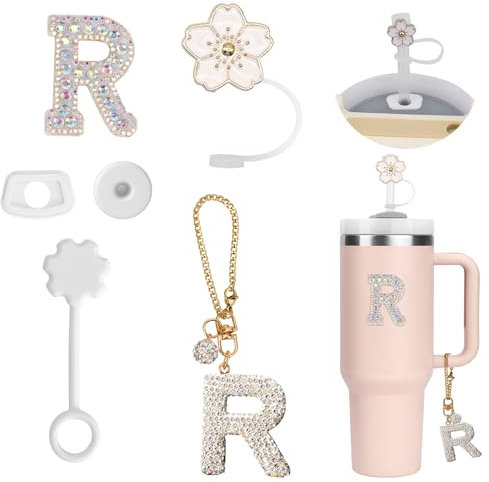 6PCS Accesorios Personalizados para Stanley Cup,Fundas de Pajitas,Decoración de Iniciales, Pegatinas de Letras,Encantos de Letras para Vaso Stanley y Ttapón Antiderrame para Stanley Cup (R)