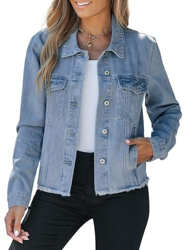 Vetinee Damen Jeansjacke Stretch Ausgefranster Saum Denim Jacken mit Tasche