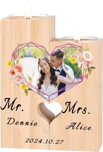 Personalisierte Kerzenständer aus Holz in Herzform Personalisiert Bilder Eigenes Foto Hochzeitsfotos Gewünschter Gravur-Geschenke für Frauen, Kerzenhalter -Hochzeitskerze Geschenkideen