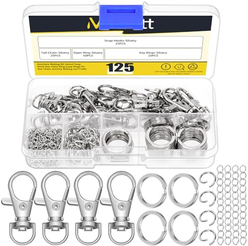 Mardatt Kit de Fabrication de 125 Pièces pour Porte-clés, Fermoirs Mousqueton, Crochets de Lanyard et Anneaux de Porte-clés, Anneaux Ouverts, Prolongateurs de Chaîne pour la Fabrication de Bijoux