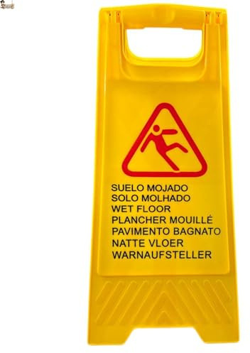 BricoLoco.com Cartel señal suelo mojado. Advertencia peligro de suelo mojado, húmedo, fregado, deslizante o resbaladizo. Texto multilingüe en español más 6 idiomas (1)