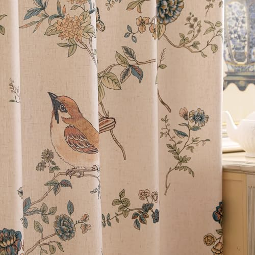 ISAENNE Toile-Vorhang mit Vintage-Blumenmuster und Vogel- und Blumenmuster, 238 cm Länge, 2 Vorhänge mit Ösen, Leinen, Landhausstil, halbverdunkelnde Vorhänge für Schlafzimmer, Wohnzimmer, 134,6 x