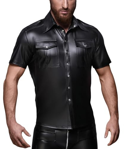 Foweknow Leder Hemd Herren Lack-Optik Wetlook T-Shirt Kurzarm Kunstleder Freizeithemd Männer Slim Fit Latex Glänzend Tops Muskelshirt Sexy Revers Button Down Oberteil Performance Kostüm