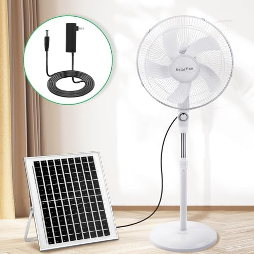 Blosssound Solar Floor Fans Portable Standing Fan with Solar Panel, 16'' Rechargeable Pedestal Fan, 12000mAh Battery, Two Charging Methods, 3 Speeds, Oscillating Standing Fan for Home Office Outdoor