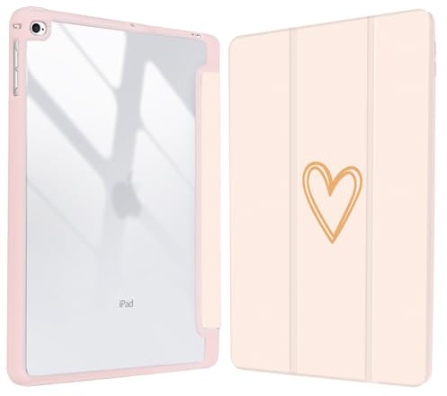 Vozehui 9.7 inch Cute Case for iPad 6th/5th Generation 2018/2017 Case Pink with Clear Back Shell w/Pencil Holder,Tri-fold Stand Protective Cover w/Auto Sleep Wake for iPad 6/5th Pink Heart