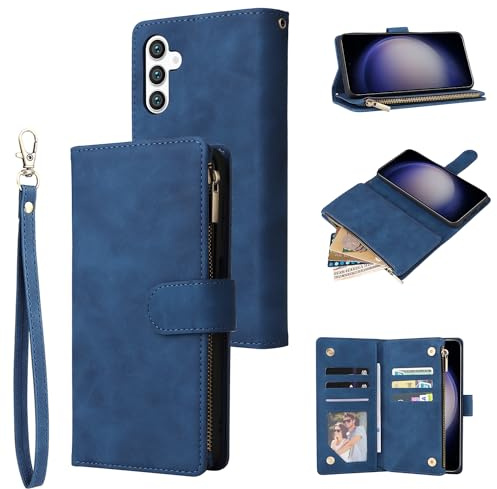 QLTYPRI Hülle für Samsung Galaxy A56, Premium Leder Handyhülle mit Große Kapazität 6 Kartenfach and 1 Reißverschluss Tasche Ständer Schutzhülle für Samsung Galaxy A56 5G - Blau