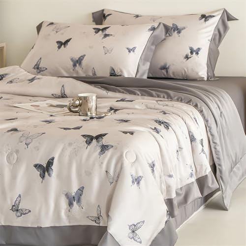 Surwin Satin Tagesdecke Bettüberwurf Glatt wie Seide Gesteppt Steppdecke mit Schmetterling Blumenmuster für Doppelbett Einzelbett Leicht Weich Kunstseide Kühlende Sommerdecke (Grau,200x230cm)
