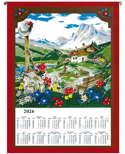 ggm Stoffkalender 2026 Almhütte– 45x65 cm – Wandkalender aus Baumwolle – nachhaltiger Jahreskalender – dekorative Wanddeko – Stoffposter für Küche oder Büro – verschiedene Ausrichtungen