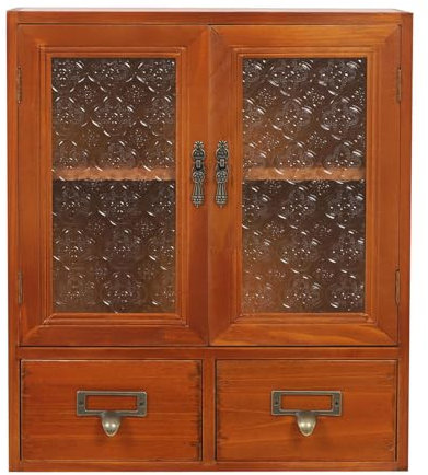 Armadietto di stoccaggio in Legno di Pino con Porte in Vetro in Rilievo Floreale, 2 cassetti Vintage Contortop Armadio per Cucina, dispensa, Office Rustic Apothecary Spice Organizer Pattern Type