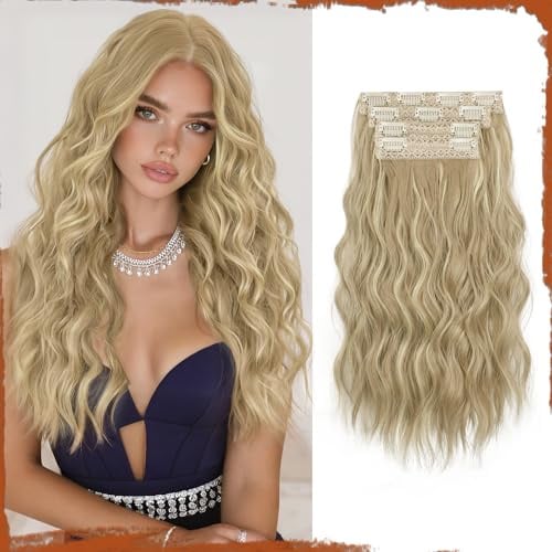 Sofeiyan Clip in Extensions, 4PCS 40 cm Haarverlängerung für Damen, Lockige Dicke Synthetische Haarextensions zum Einklippen Natürliches Weiches Clip in Haarteil – Dunkles Aschblond mit Hellblond