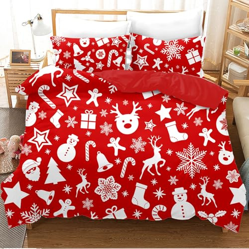 Copripiumino Natalizio Matrimoniale 200x200cm, set di biancheria da letto natalizia 3D con 2 federe, Babbo Natale, albero di Natale, cervo, regalo di Natala per bambini e adolescenti (H, 200x200cm)