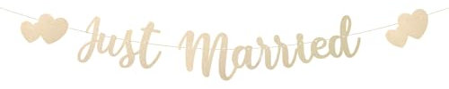 Just Married Banner, Vorgespanntes Hochzeitsbanner mit Glitzerbuchstaben und Herzen Dekorative Girlande für Hochzeit Brautparty Junggesellenabschied Dekoration (Champagnergold)