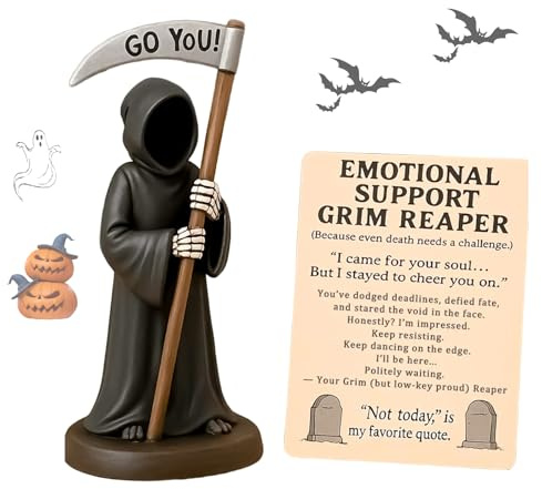 Gothic Reaper Emotional Support Figur, Halloween Grim Resin Sculpture Ornaments, Handgemalt Der Sensenmann Statuen Zubehör mit Emotionaler Unterstützung Karte Schreibtisch Dekoration, Ermutigung