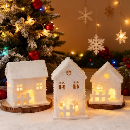 Zevmi Villaggio di Natale illuminato bianco, decorazione natalizia: 3 pezzi, decorazione in legno, luce bianca calda, effetto neve, decorazione da tavolo per soggiorno, single, famiglia, Natale
