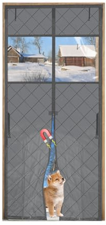 Magnetic Insulated Door Curtain, 210D Oxford Thermal Doorway Curtain with Storage Buckle, Thickened Windproof Waterproof Door Covers Transparent Window for Windproof, Warming (90 * 200cm)