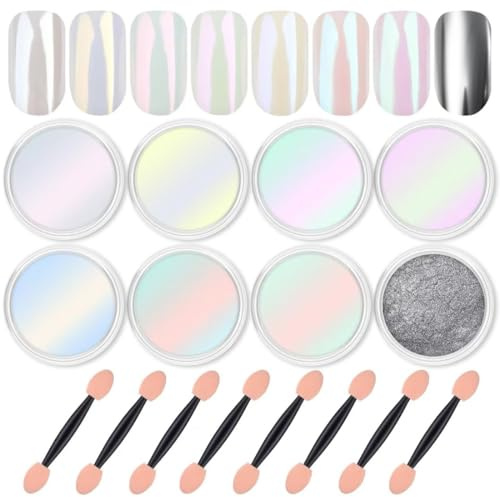 AOWVUTS Chrome Nail Powder, 8 Farben Superspiegel-Nagelglitzer, Cromepulver Nägel Glitzerpuder Gel Pigment Aurora Glazed Donut Glassy Pearl Effect Nagelpuder, DIY Nail Art Nagelkunstsalon
