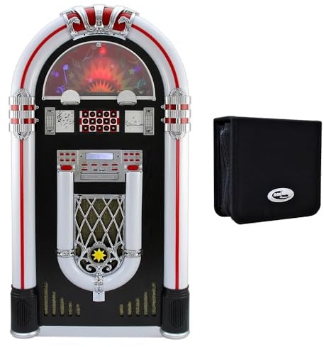 Jukebox Vinyl Record Player & Sound System with LED Lights, USB, AUX & 48 CD Carry Case – Retro Music Station for CDs & LPs Gift Set Bundle
