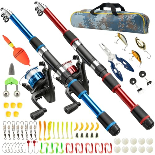 Rodukee 2 Cannes à Pêche enfants 1,8m Télescopiques, Kit Complet débutants avec Moulinet 5,2:1, Leurres, Accessoires et Sac de Transport, Mer Lac, Kit Peche enfant Cadeau Garçons & Filles