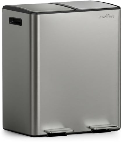 mVm Kitchen Bin,40L Dual Rubbish Bin,2 x 20L Stainless Steel Pedal Bins,Double Recycling Trash Can with Soft-Close Lids and Plastic Inner Buckets,Fingerprint Proof,Odour Seal,Large Capacity Trash Can