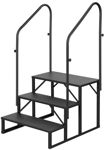 3 Step RV Steps with Handrail, Heavy Duty Outdoor Stairs for Caravan Camper Hot Tub, Carbon Steel RV Step Ladder for Porch or Mobile Home, 660 lbs Load (Black)