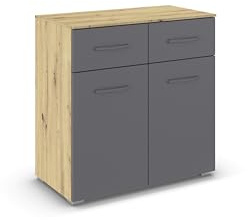 Rauch Möbel ADITIO, Kommode, Grau metallic/Eiche Artisan, Breite 80 cm | Sideboard im zeitlosen Stil, 2-türig, 2 Schubladen, Soft-Close-Funktion, für Schlafzimmer, Gästezimmer, Wohnzimmer, Garderobe