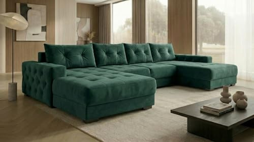 A&J MöbelLand Ecksofa Modena 320x185 cm mit Schlaffunktion, Bonellfederkern und Bettkasten in Grün – modernes Schlafsofa mit Stauraum