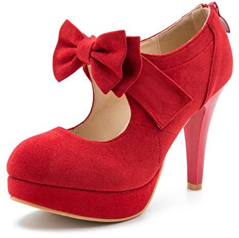 Women's Vintage Bow Tie High Heel Mary Janes Platform Closed Toe Dress Pumps, Red, 9.5