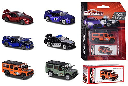 Majorette Deluxe Assortment, Die-Cast Fahrzeug, inkl. Sammelbox, Gummireifen, Freilauf, Miniaturfahrzeuge, Spielzeugauto aus Metall, 6 versch. Modelle, Lieferung: 1 Stück, zufällige Auswahl, 7,5 cm