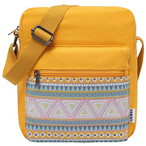 VASCHY Umhängetasche Mädchen, Vintage Klein Wasserabweisend Canvas Schultertasche Crossbody Bag Damen Teenager Tasche mit Verstellbaren Schulterriemen Gelb