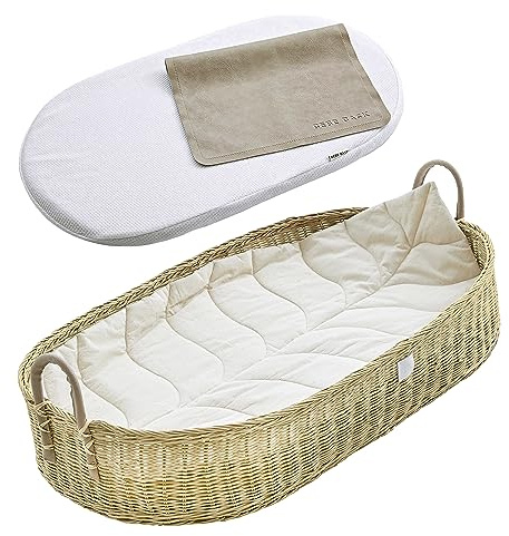 BEBE BASK Premium Baby Changing Basket - Artisan-Crafted Rattan with Extra High Sides - Wicker Changing Basket for Baby Dresser - All Accessories Included - Complete Set for Nursery (Rattan)
