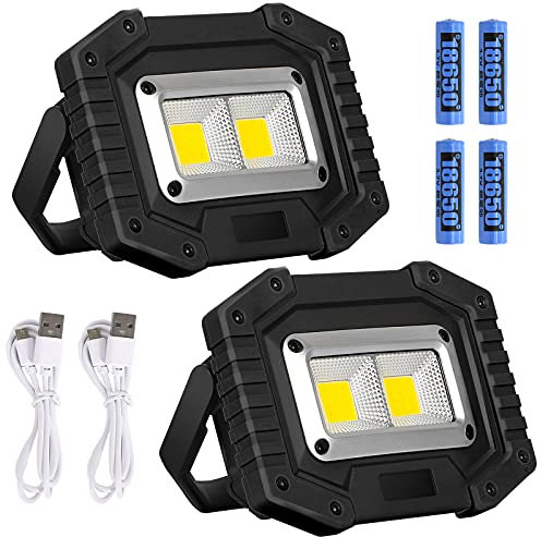 Lyneun LED Baustrahler 30W, Arbeitsleuchte Strahler Akku mit 4 * 18650mAh, IP65 Wasserdicht Campinglampe mit USB Wiederaufladbares für Camping, Fischen, Werkstatt, Baustelle(Schwarz) 2Pack