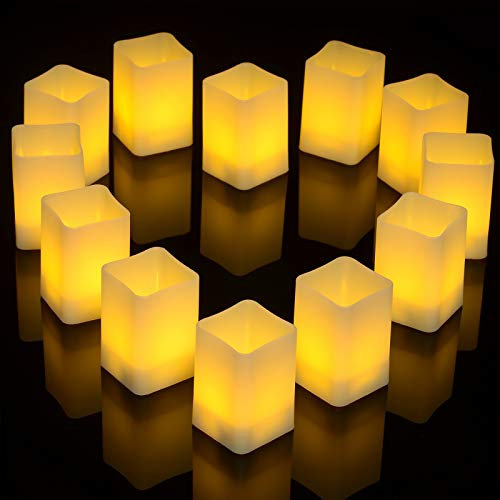 Ymenow Kerzen Deko, Quadratische Tassenform LED Kerzen Flackernde Flamme Licht, 12 Stück Warmweiß Kerzen Set mit Batterie für Wohnzimmer Herbst Erntedankfest Weihnachten Deko, Größe 3,6 * 3,6 * 5,5cm