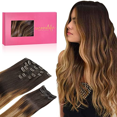 WENNALIFE Clip In Extensions Echthaar, 150g 35cm 9pcs Dunkel Braun bis Chestnut Braun und Dirty Blonde Highlights Clip In Extensions Hair Extensions Echthaar Extensions Clip Haarverlängerung Echthaar