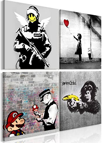 decomonkey Bilder Set Banksy 4 Teilig- jedes Teil 30x30 cm Leinwandbilder Bild auf Leinwand Vlies Wandbild Kunstdruck Wanddeko Wand Wohnzimmer Wanddekoration Deko Modern Affe Graffiti Street Art