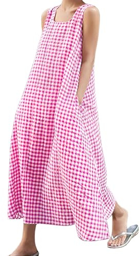chouyatou Robe longue d'été décontractée en coton à carreaux avec poches pour femme, robe d'été bohème pour la plage
