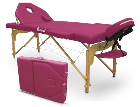 Quirumed Elite Lettino da massaggio pieghevole in legno, rosa, 194 x 70 cm, similpelle, portatile, schienale pieghevole, testa rimovibile, foro facciale, altezza regolabile, fino a 150 kg