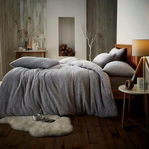Teddy Bear Fleece King Size Duvet Cover Set – 3 Piece Soft Fluffy Warm & Cozy Quilt Bedding with 2 Pillowcases, Luxury Silver